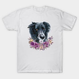 Cute Border Collie Puppy Dog with Flowers Illustration Art T-Shirt